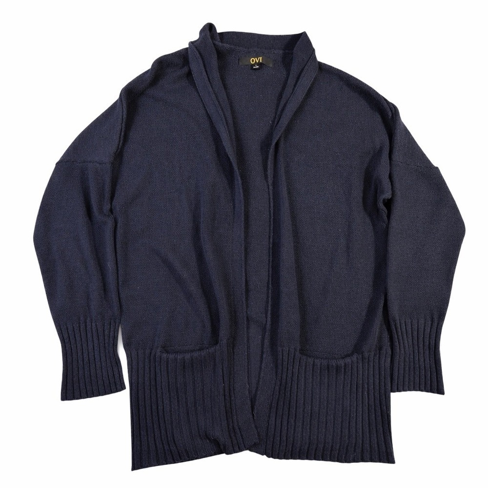 OVI Women's Navy Blue‎ Knit Cardigan Shawl Collar, Pockets, Size L